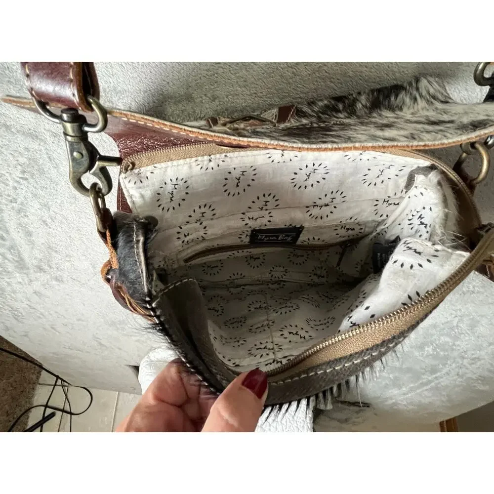 Myra Western Cowhide Fringe Crossbody Bag Leather Star Boho Cowgirl Rodeo Purse